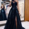 Prom Dresses HELLYMOON | A Line Tulle One Shoulder Corset Prom Dress With Beading Black