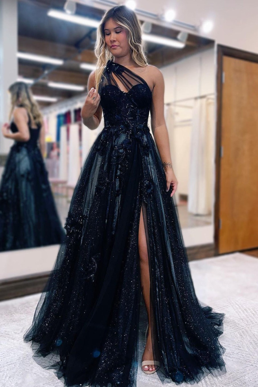 Prom Dresses HELLYMOON | A Line Tulle One Shoulder Corset Prom Dress With Beading Black