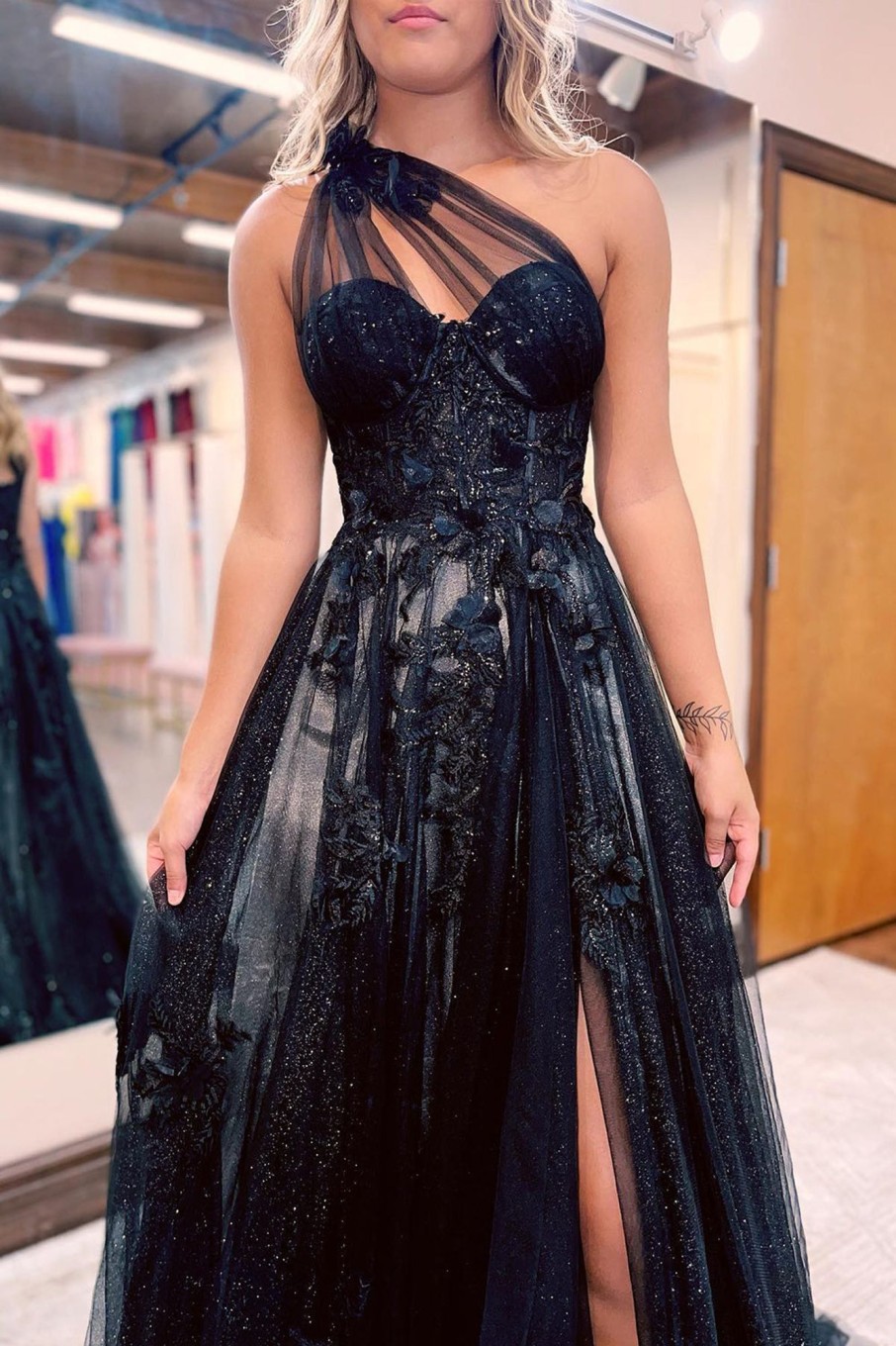 Prom Dresses HELLYMOON | A Line Tulle One Shoulder Corset Prom Dress With Beading Black