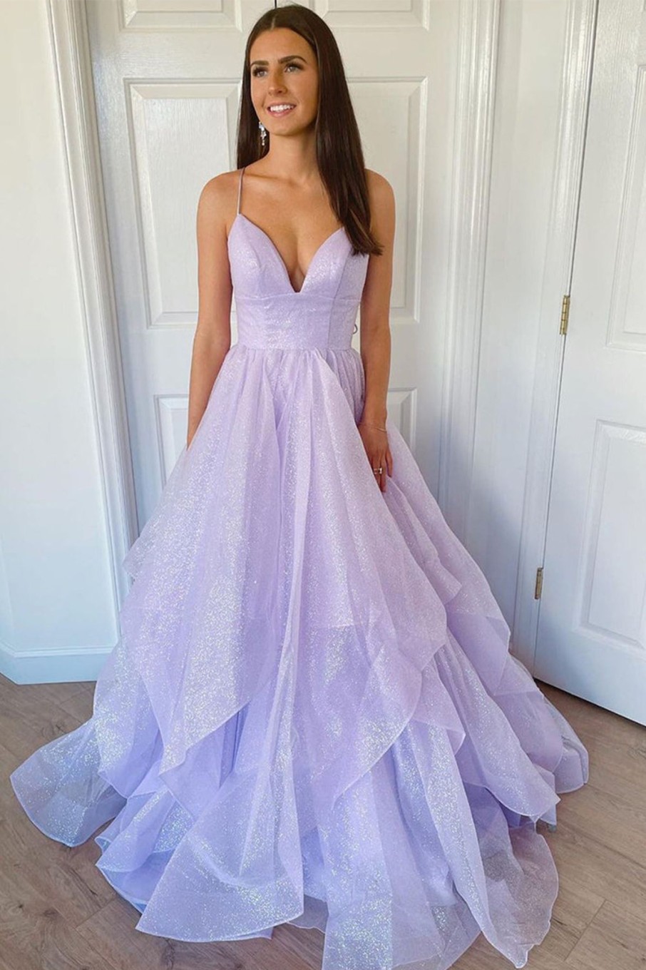 Special Occasion HELLYMOON | Glitter Spaghetti Straps Lavender Princess Prom Dress Lightpurple