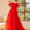 Prom Dresses HELLYMOON | Off The Shoulder Tulle Princess Prom Dress With Slit Red