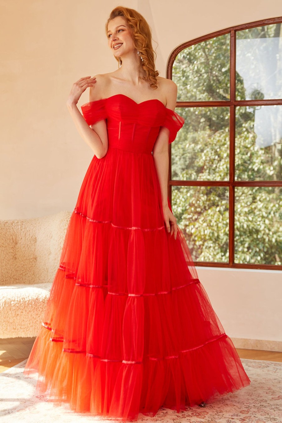 Prom Dresses HELLYMOON | Off The Shoulder Tulle Princess Prom Dress With Slit Red