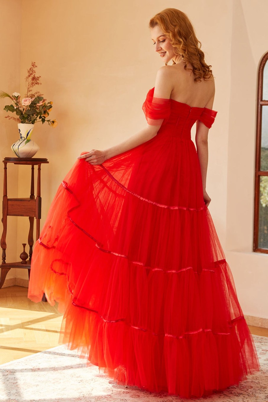 Prom Dresses HELLYMOON | Off The Shoulder Tulle Princess Prom Dress With Slit Red