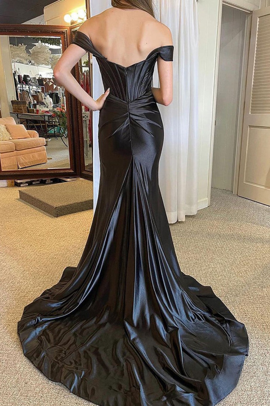 Special Occasion HELLYMOON | Off The Shoulder Satin Corset Prom Dress With Slit Black