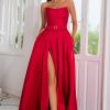 Prom Dresses HELLYMOON | A Line Strapless Long Prom Dress With Split Front Red