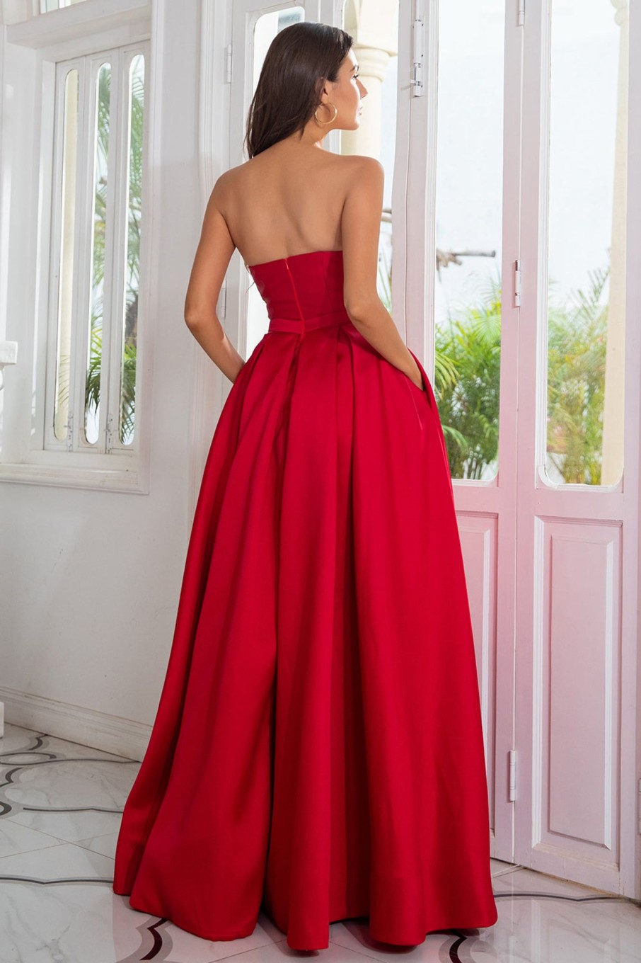 Prom Dresses HELLYMOON | A Line Strapless Long Prom Dress With Split Front Red