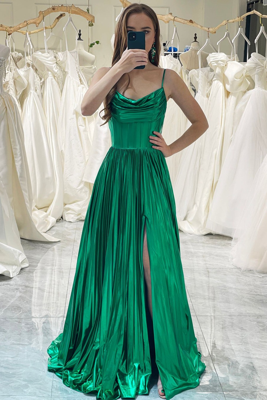 Special Occasion HELLYMOON | A-Line Spaghetti Straps Corset Prom Dress With Slit Dark Green