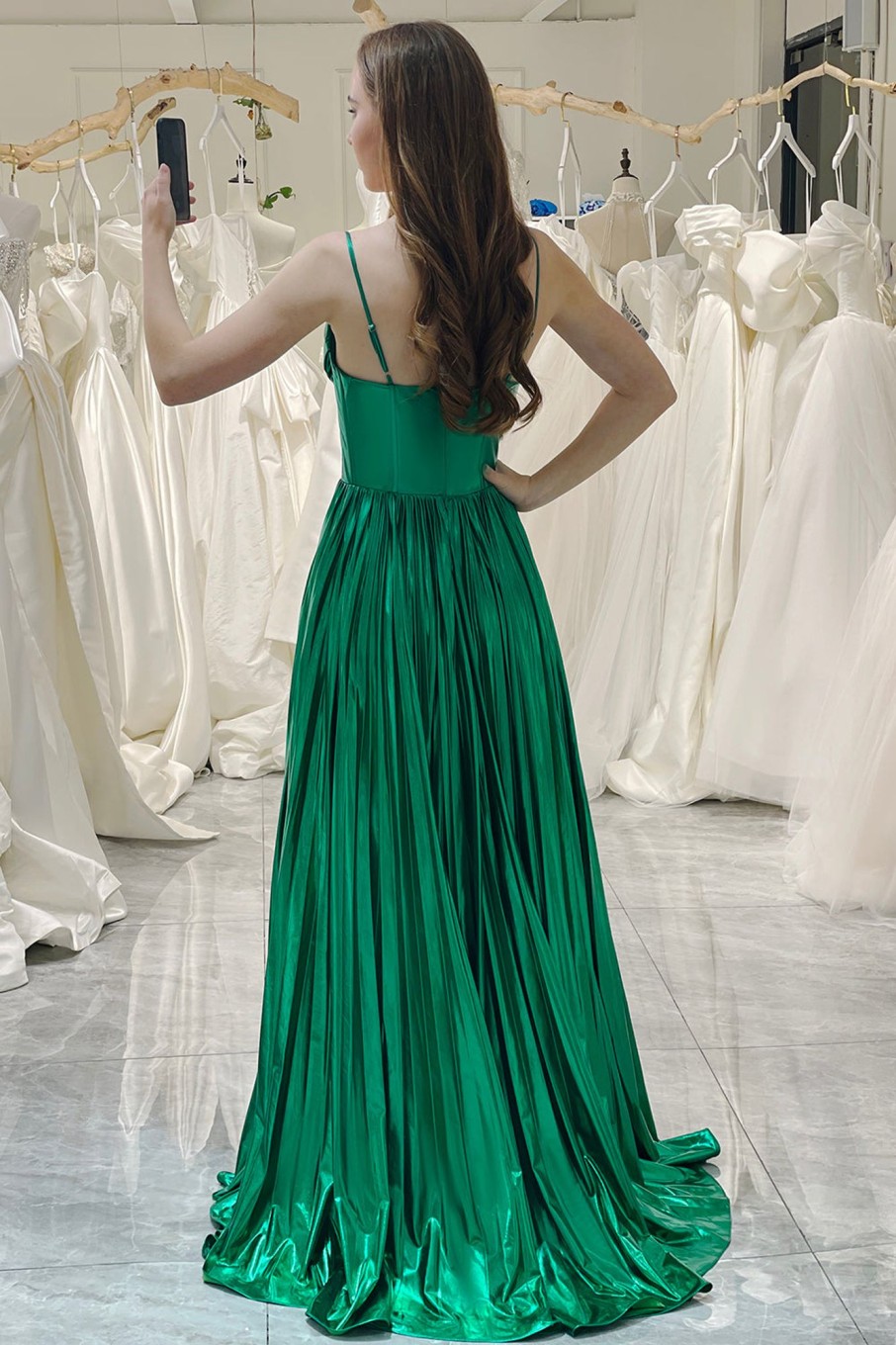 Special Occasion HELLYMOON | A-Line Spaghetti Straps Corset Prom Dress With Slit Dark Green