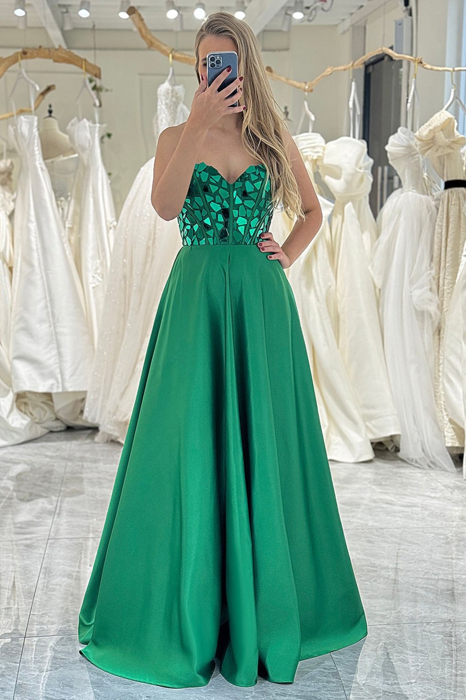 Prom Dresses HELLYMOON | Sparkly A-Line Strapless Corset Prom Dress Dark Green