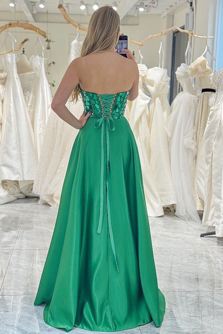 Prom Dresses HELLYMOON | Sparkly A-Line Strapless Corset Prom Dress Dark Green