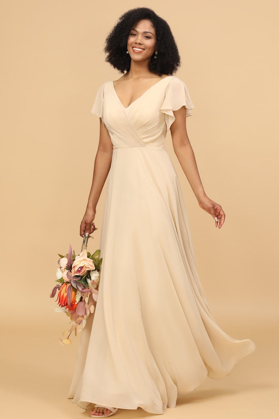 Partywear HELLYMOON | Cap Sleeves Long Chiffon Bridesmaid Dress