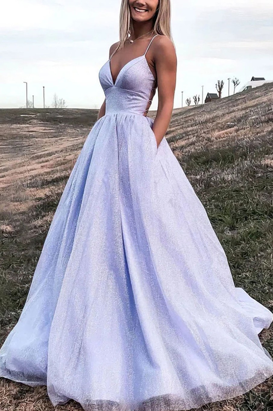 Prom Dresses HELLYMOON | Lavender A-Line Sparkly Princess Prom Dress Lightpurple