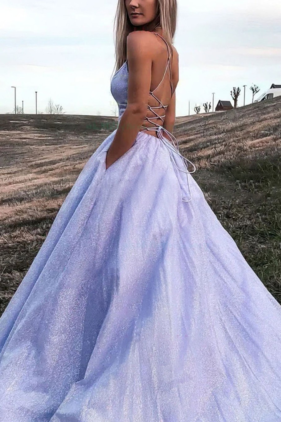 Prom Dresses HELLYMOON | Lavender A-Line Sparkly Princess Prom Dress Lightpurple