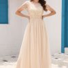 Prom Dresses HELLYMOON | Sequins A Line Tulle Prom Dress With Lace Apricot