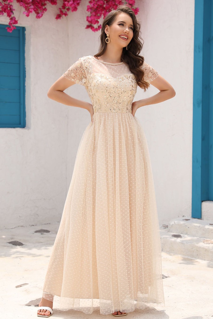 Prom Dresses HELLYMOON | Sequins A Line Tulle Prom Dress With Lace Apricot