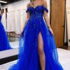 Prom Dresses HELLYMOON | A Line Off The Shoulder Long Prom Dress With Split Front