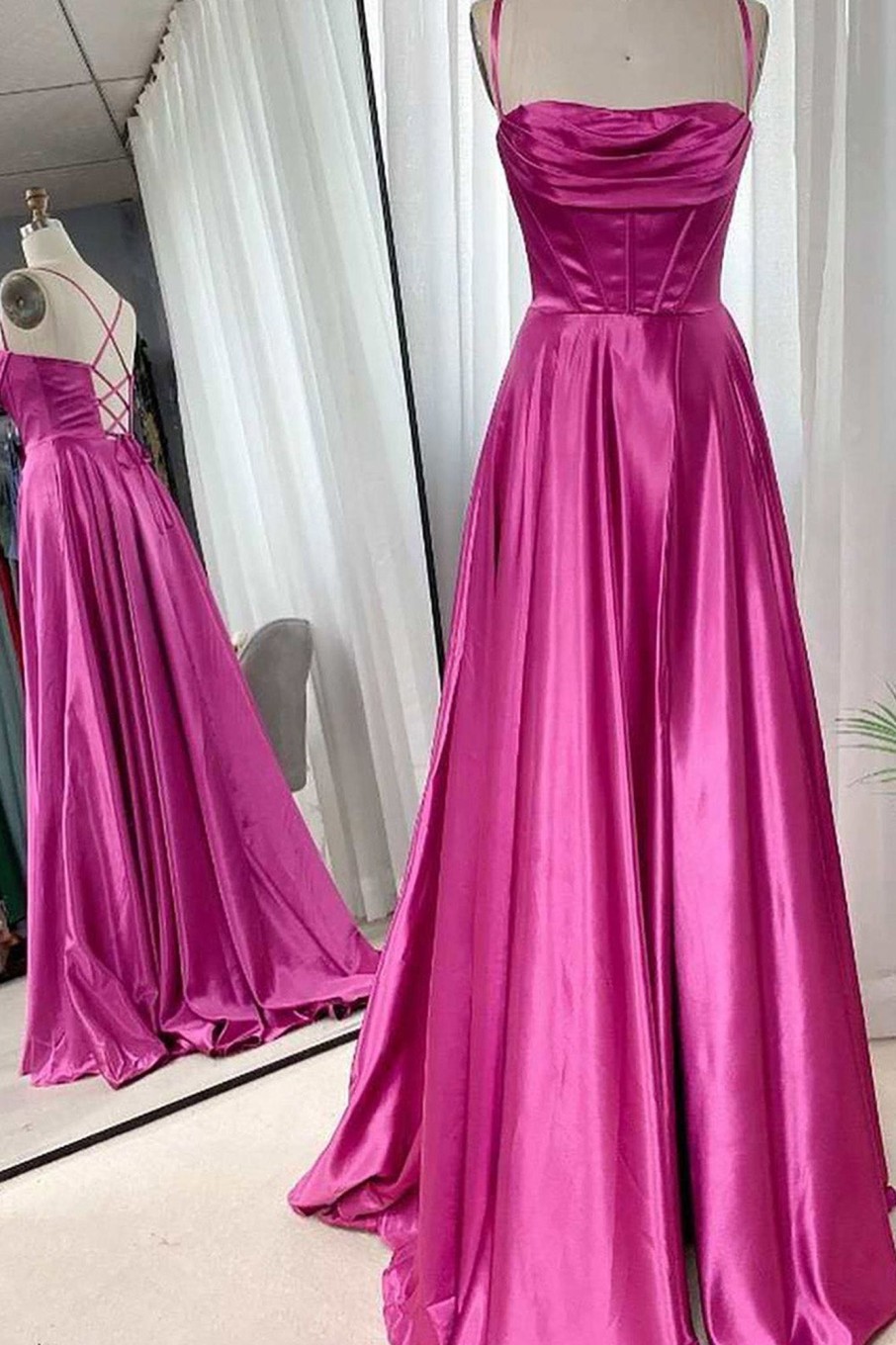 Prom Dresses HELLYMOON | Satin Corset Prom Dress With Lace-Up Back Fuchsia