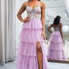 Prom Dresses HELLYMOON | A-Line Spaghetti Straps Tulle Corset Prom Dress With Slit Mauve