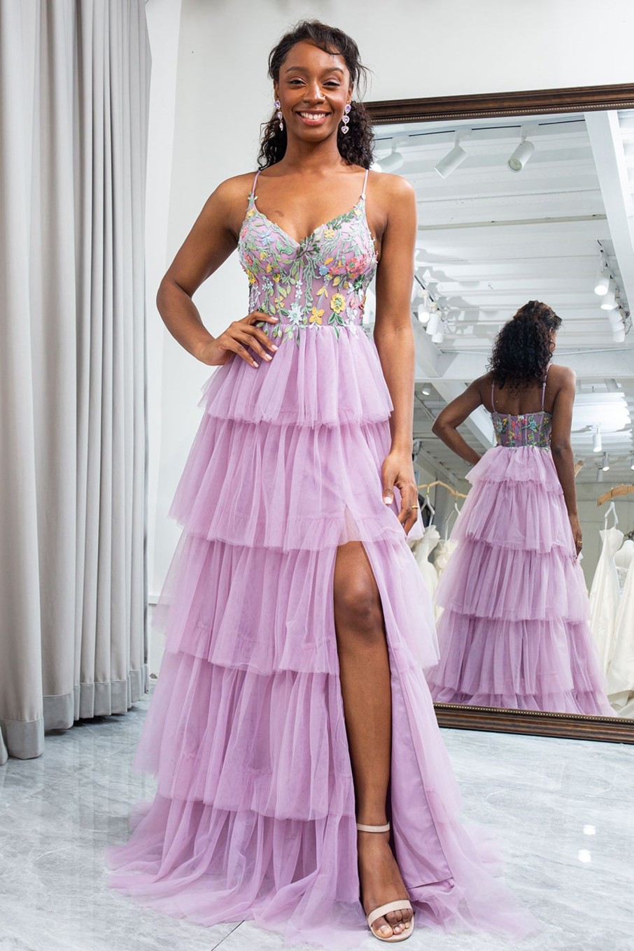 Prom Dresses HELLYMOON | A-Line Spaghetti Straps Tulle Corset Prom Dress With Slit Mauve