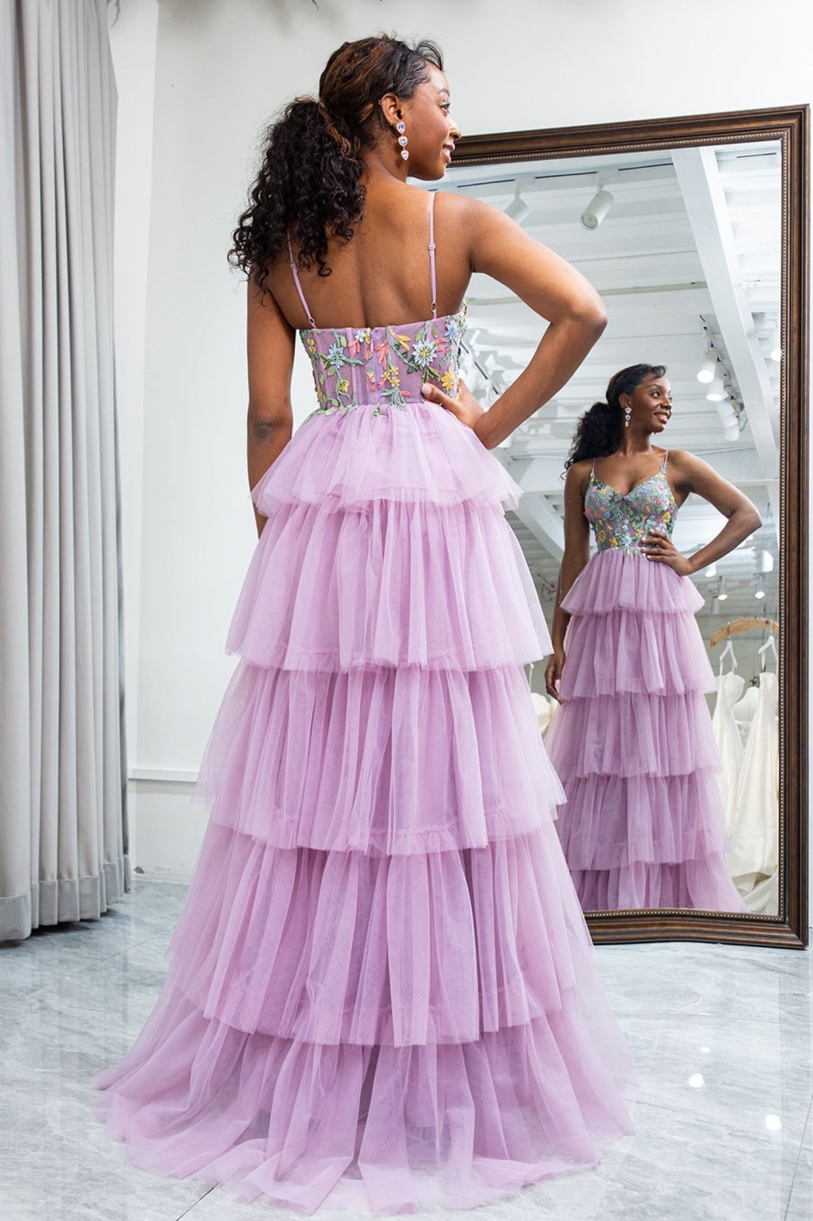 Prom Dresses HELLYMOON | A-Line Spaghetti Straps Tulle Corset Prom Dress With Slit Mauve