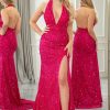 Prom Dresses HELLYMOON | Mermaid Halter Neck Backless Sequin Prom Dress With Slit Fuchsia