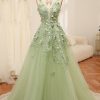 Prom Dresses HELLYMOON | Spaghetti Straps A-Line Tulle Prom Dress With Appliques Green