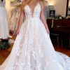 Wedding Dresses HELLYMOON | A-Line Spaghetti Straps Long Lace Wedding Dress Ivory