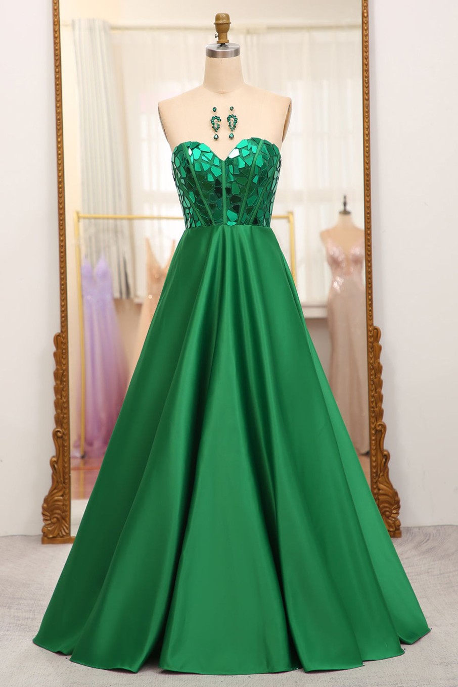 Prom Dresses HELLYMOON | Sparkly A-Line Strapless Corset Prom Dress Dark Green