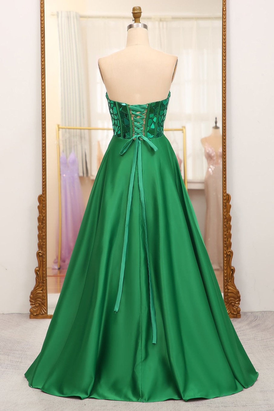 Prom Dresses HELLYMOON | Sparkly A-Line Strapless Corset Prom Dress Dark Green