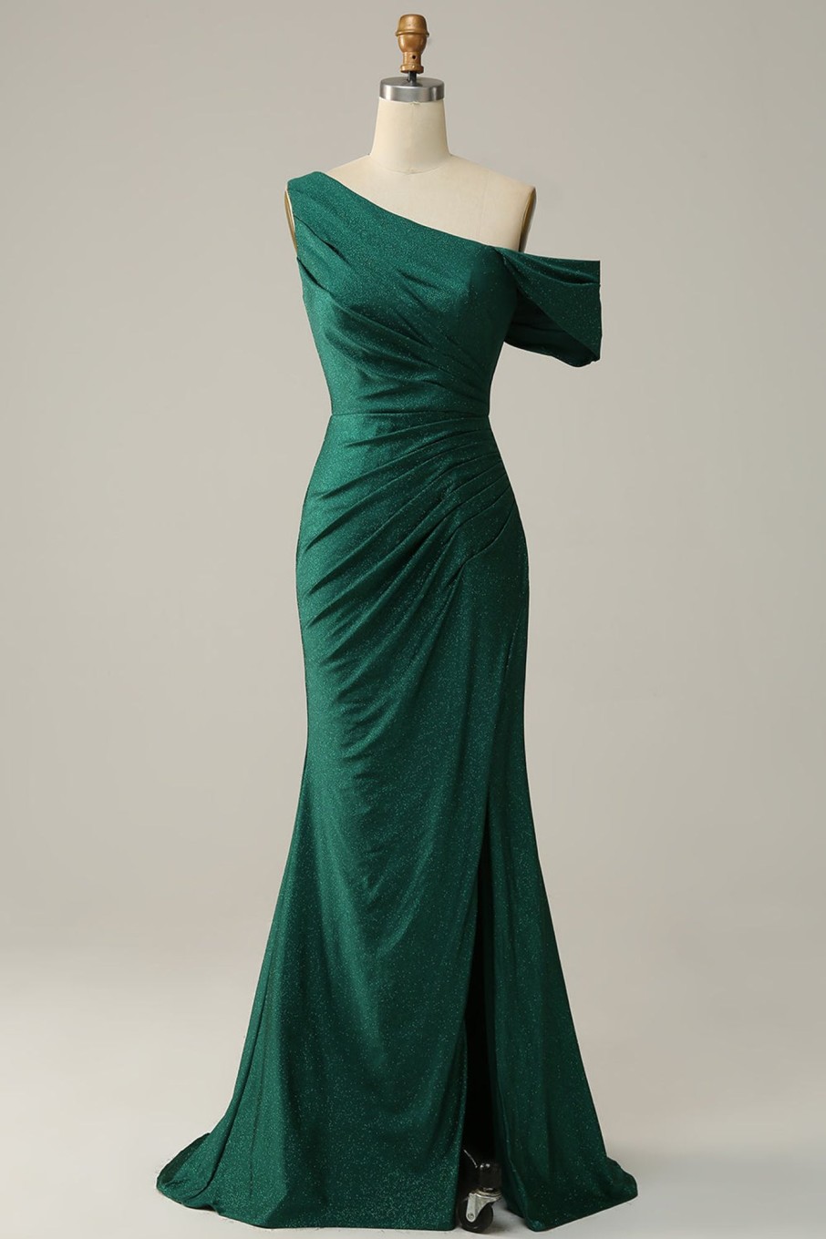 Special Occasion HELLYMOON | Green One Shoulder Mermaid Sparkly Prom Dress With Ruffles Dark Green