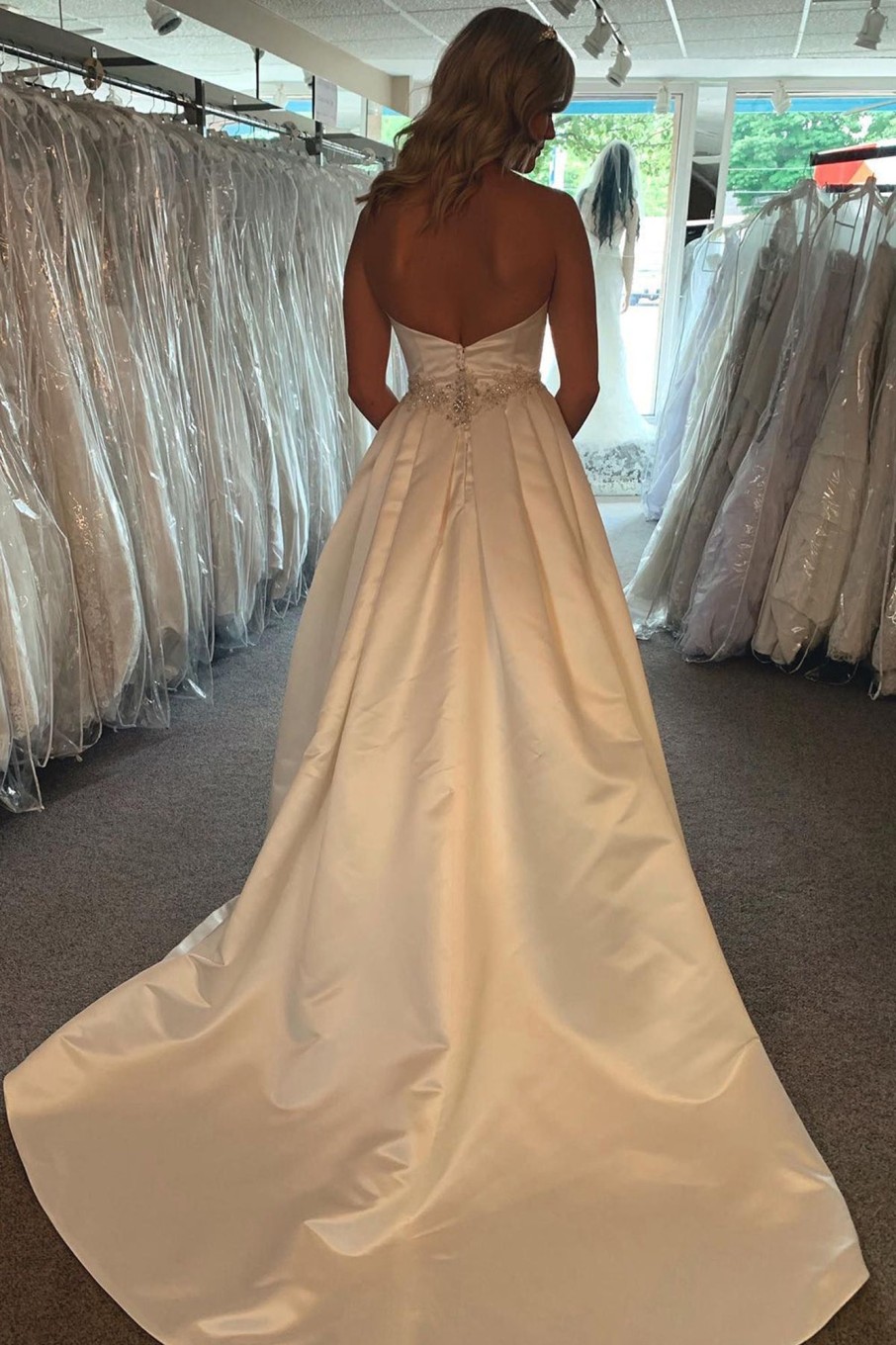 Wedding Dresses HELLYMOON | A-Line Satin Sweetheart Long Simple Wedding Dress With Beading White