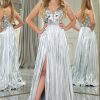 Prom Dresses HELLYMOON | A-Line V-Neck Long Pleated Corset Prom Dress With Slit Silver