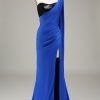 Prom Dresses HELLYMOON | One Shoulder Satin And Sequin Mermaid Prom Dress With Slit Royal Blue