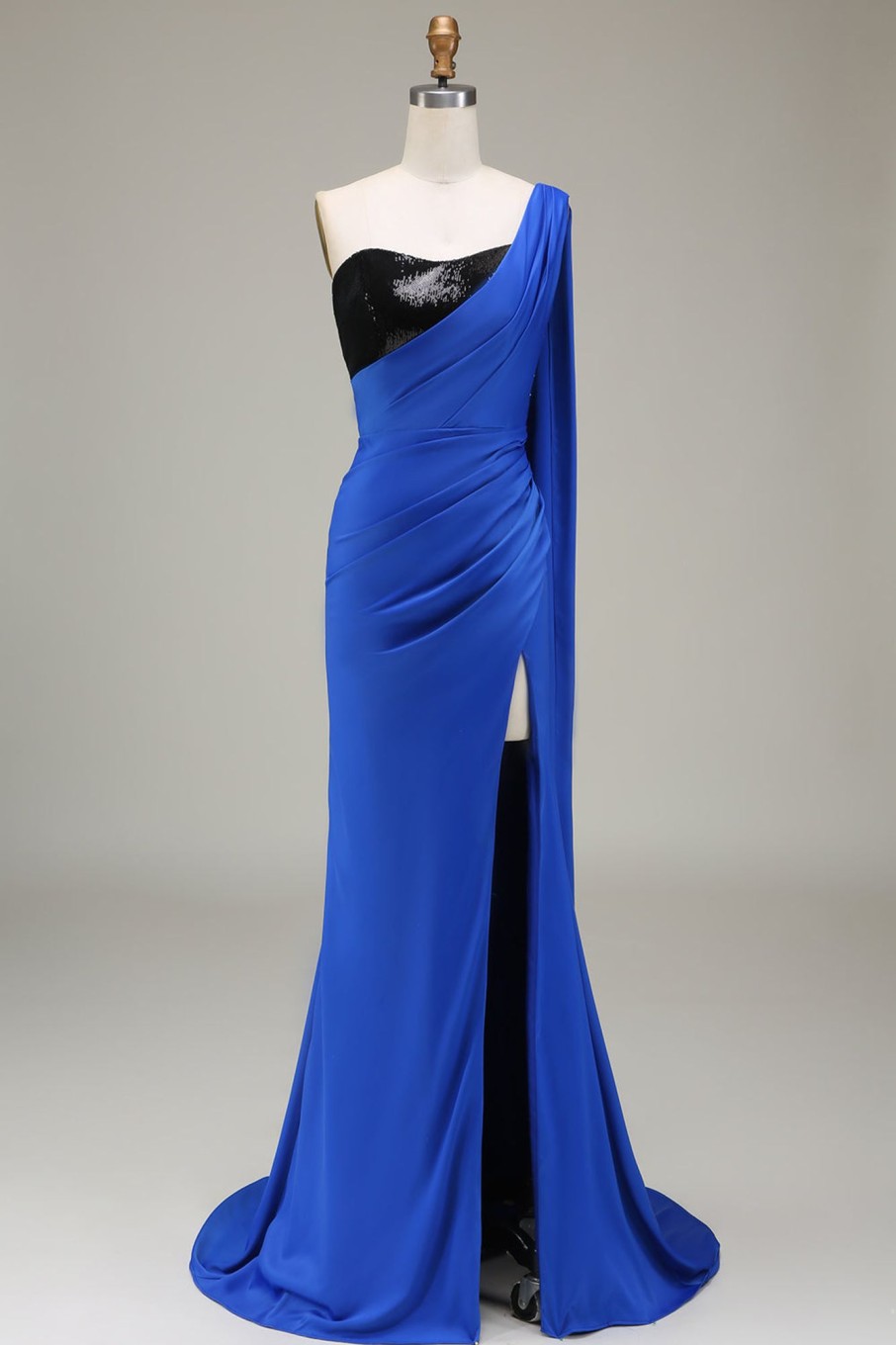 Prom Dresses HELLYMOON | One Shoulder Satin And Sequin Mermaid Prom Dress With Slit Royal Blue