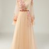 Prom Dresses HELLYMOON | Elegant A Line V Neck Long Prom Dress With Appliques Apricot