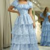 Prom Dresses HELLYMOON | Light Printed A Line Long Tiered Corset Prom Dress Blue