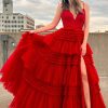 Prom Dresses HELLYMOON | A Line Spaghetti Straps Princess Prom Dress With Slit