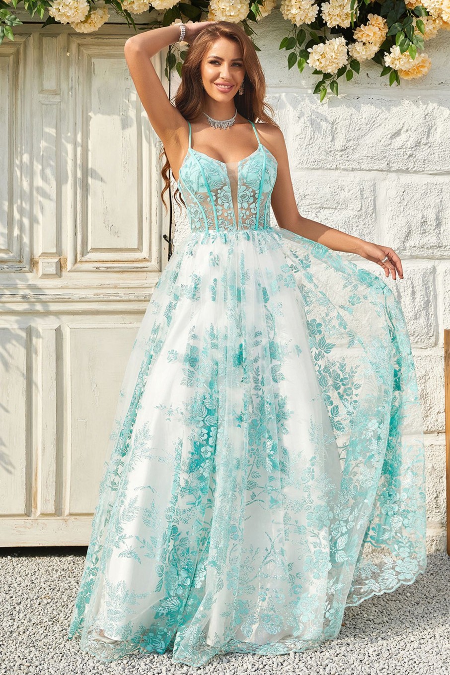 Prom Dresses HELLYMOON | A Line Spaghetti Straps Corset Prom Dress With Floral Green