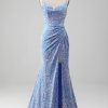 Prom Dresses HELLYMOON | Sparkly Sequins Mermaid Prom Dress With Slit Light Blue