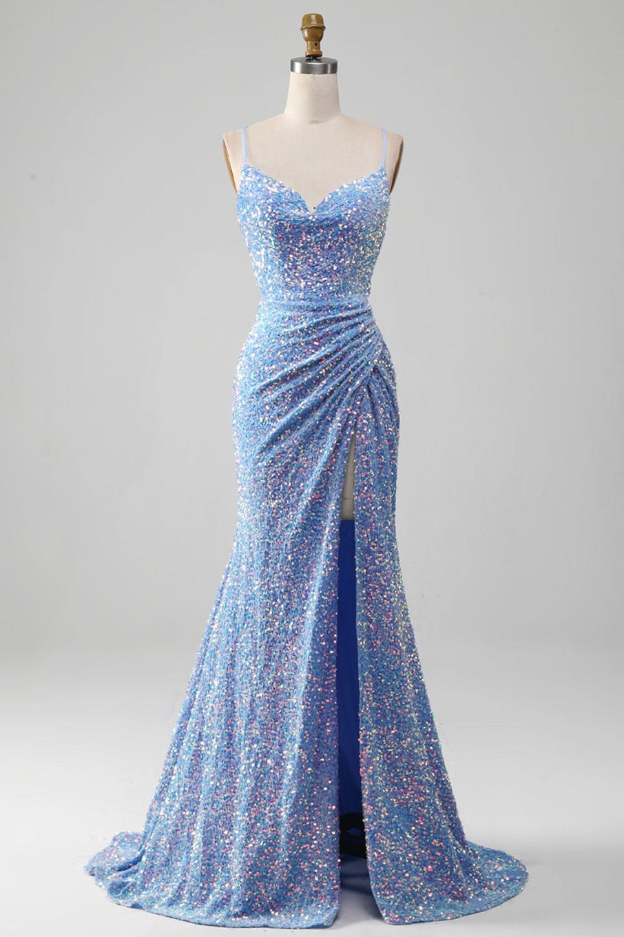 Prom Dresses HELLYMOON | Sparkly Sequins Mermaid Prom Dress With Slit Light Blue