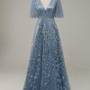 Special Occasion HELLYMOON | Grey Tulle Embroidered A Line Prom Dress Blue