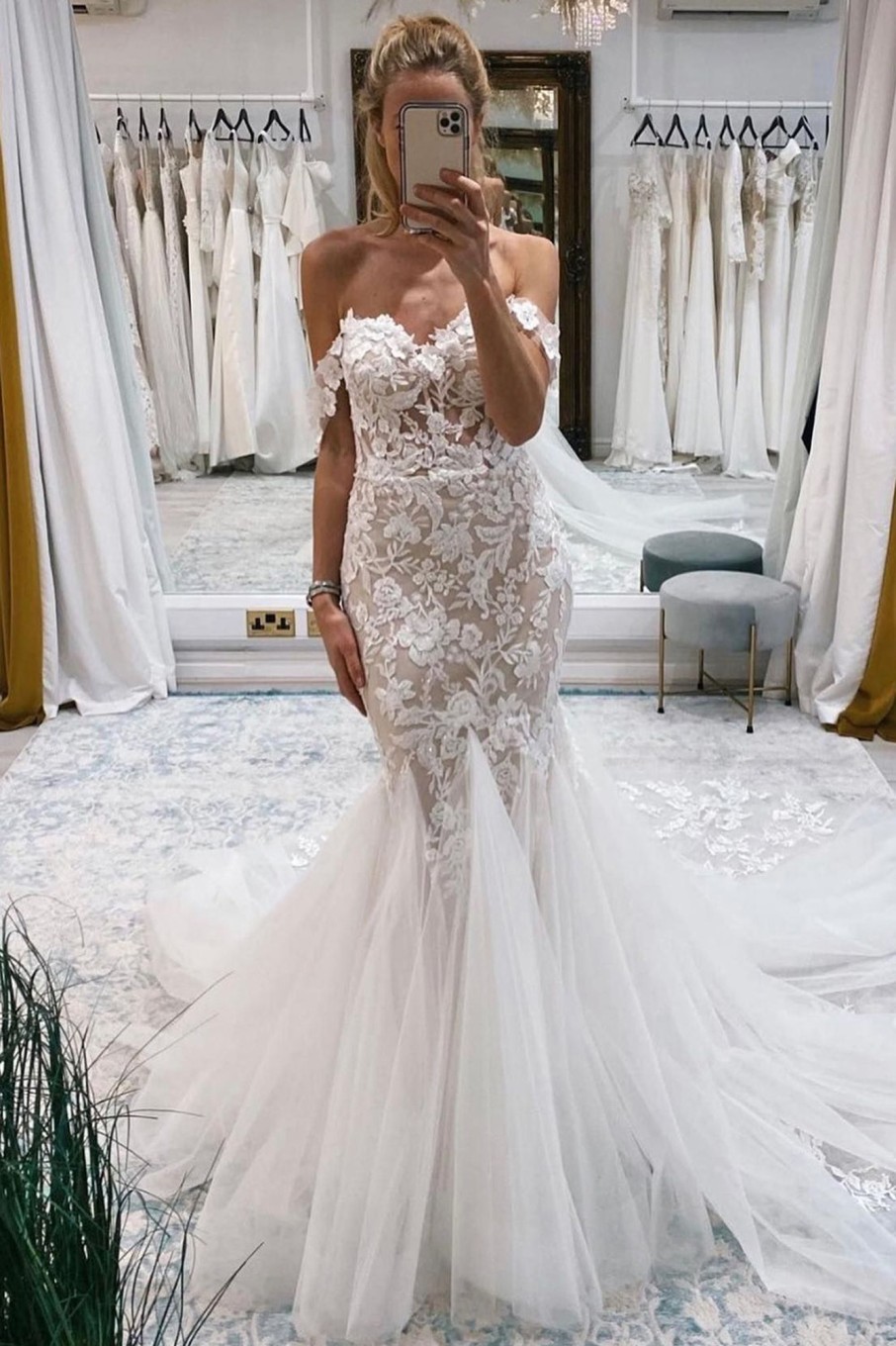 Wedding Dresses HELLYMOON | Off The Shoulder Long Lace Mermaid Wedding Dress Ivory