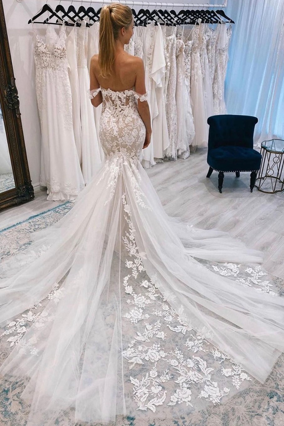 Wedding Dresses HELLYMOON | Off The Shoulder Long Lace Mermaid Wedding Dress Ivory