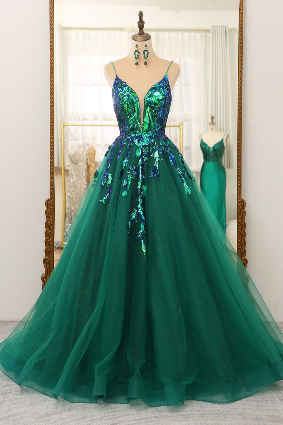 Prom Dresses HELLYMOON | A Line Spaghetti Straps Prom Dress With Sequins Dark Green