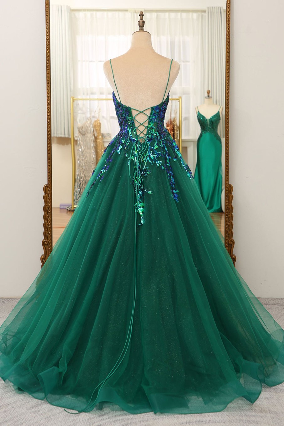 Prom Dresses HELLYMOON | A Line Spaghetti Straps Prom Dress With Sequins Dark Green