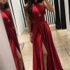 Prom Dresses HELLYMOON | Halter Satin A-Line Satin Prom Dress With Slit