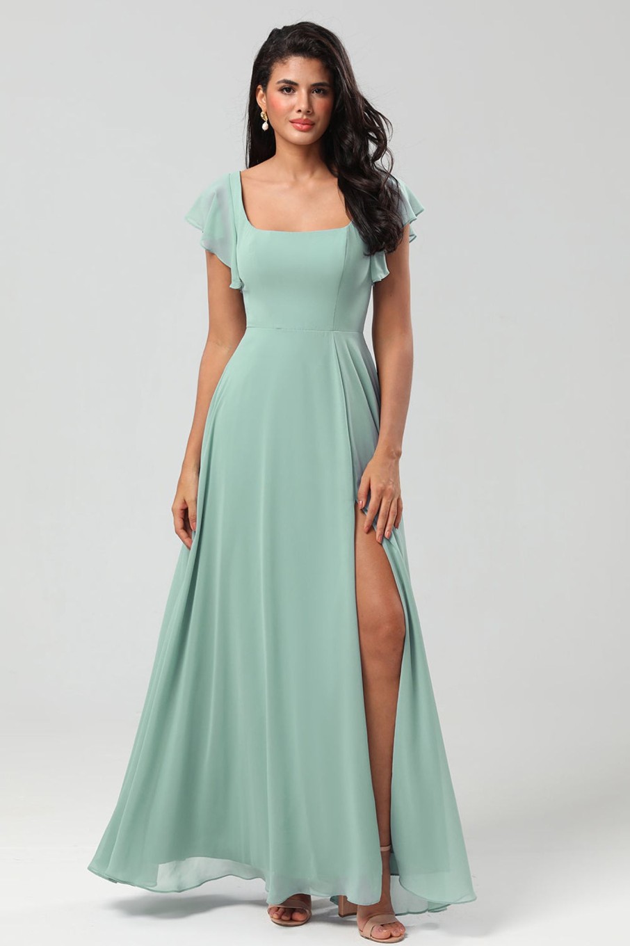 Partywear HELLYMOON | Green Square Neck Chiffon Bridesmaid Dress With Ruffles