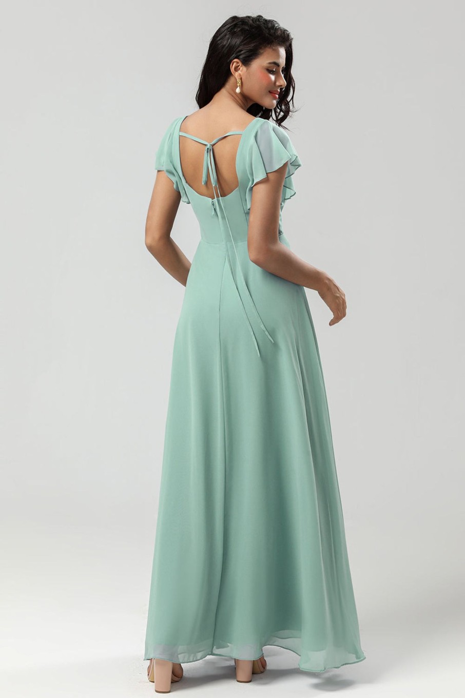 Partywear HELLYMOON | Green Square Neck Chiffon Bridesmaid Dress With Ruffles