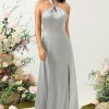 Partywear HELLYMOON | Simple Halter Long Bridesmaid Dress With Slit Grey