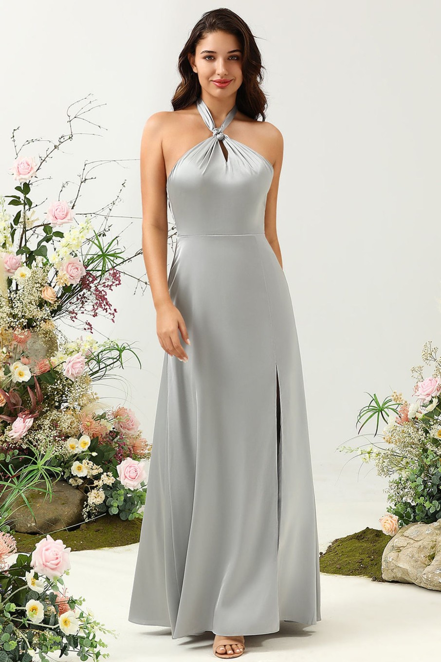 Partywear HELLYMOON | Simple Halter Long Bridesmaid Dress With Slit Grey